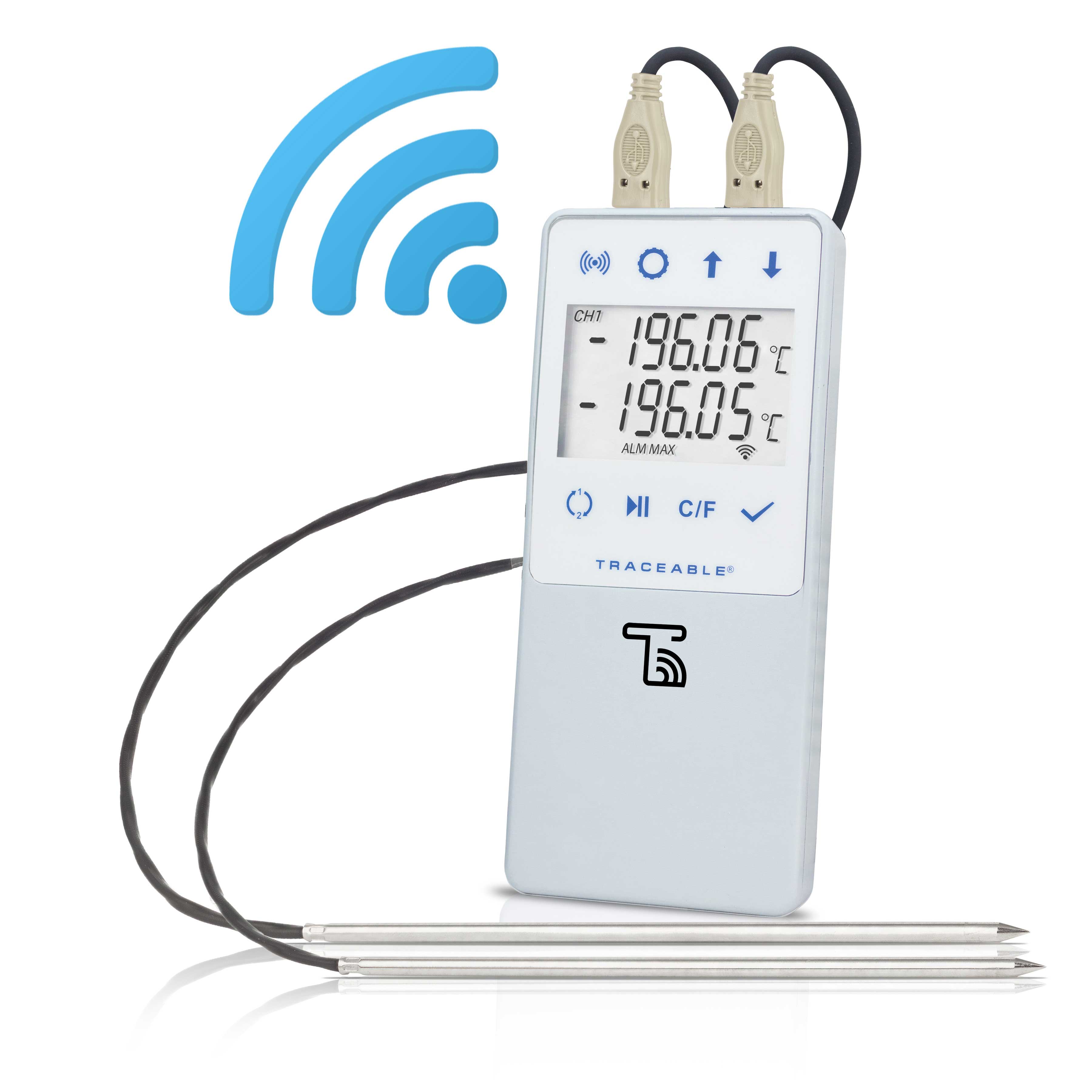 Termómetro digital de registro de datos conectados mediante Wi-Fi TraceableLIVE® con alertas en tiempo real. TRACEABLE. Rango: –200.00 a 105,00°C. Exactitud: ±0,25°C. Resolución: 0,01°C. Sondas: 2 sondas de acero inox. 316 con sensor de platino RTD. Puntos de calibración: –196°C, –80°C, 0°C, 100°C. Aplicación: Almacenamiento de nitrógeno líquido