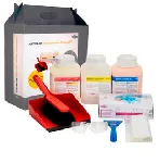 Kit para vertidos Chemispill®. El Kit contiene guantes de laboratorio Scharlau, gafas de seguridad, escobilla y recogedor, espátula rascadora, bolsas de recogida de residuos e instrucciones de uso.