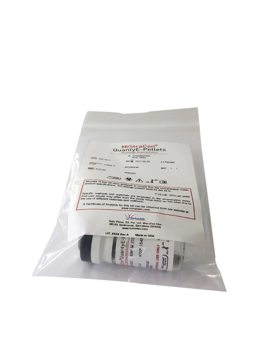 Cepas MiStraCon QuantyE-Pellets: Staphylococcus aureus subsp. aureus ATCC® 6538™/ WDCM 00032. Contiene un vial con 5 pellets (E7 ufc/pellet)