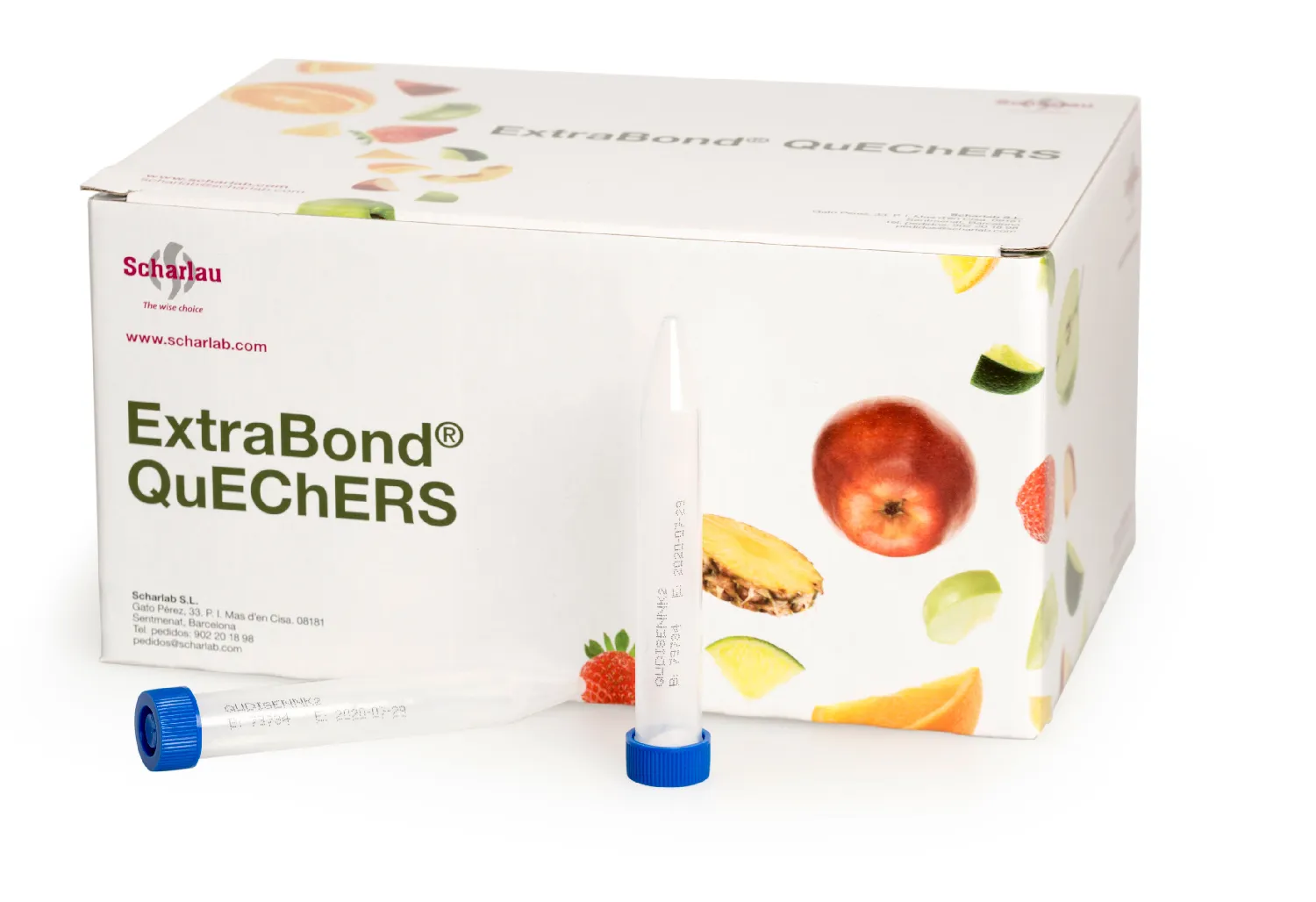 Kit Dispersivo QuEChERS EN ExtraBond Scharlau para frutas y verduras altamente pigmentadas. 150mg PSA, 855mg MgSO4, 45mg GCB. Contiene 50 tubos de 15ml.