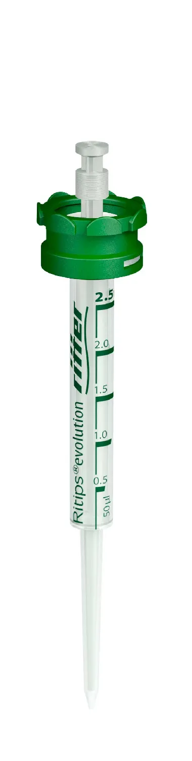 Puntas para pipetas repetidoras Ritips® evolution 2,5 ml. &#x0D;Compatible con Ripette®, Ripette®pro, Ripette®genX, eLine™ Dispenser, Multipette® 4780, Multipette® plus, Multipette® M4, Minilab 100, Minilab 101, Minilab 201, Distriman®, StepMate, EasyStep, EasyStep electronic, RepeatOne®, Handrop, HandyStep®, HandyStep® S, HandyStep® electronic.