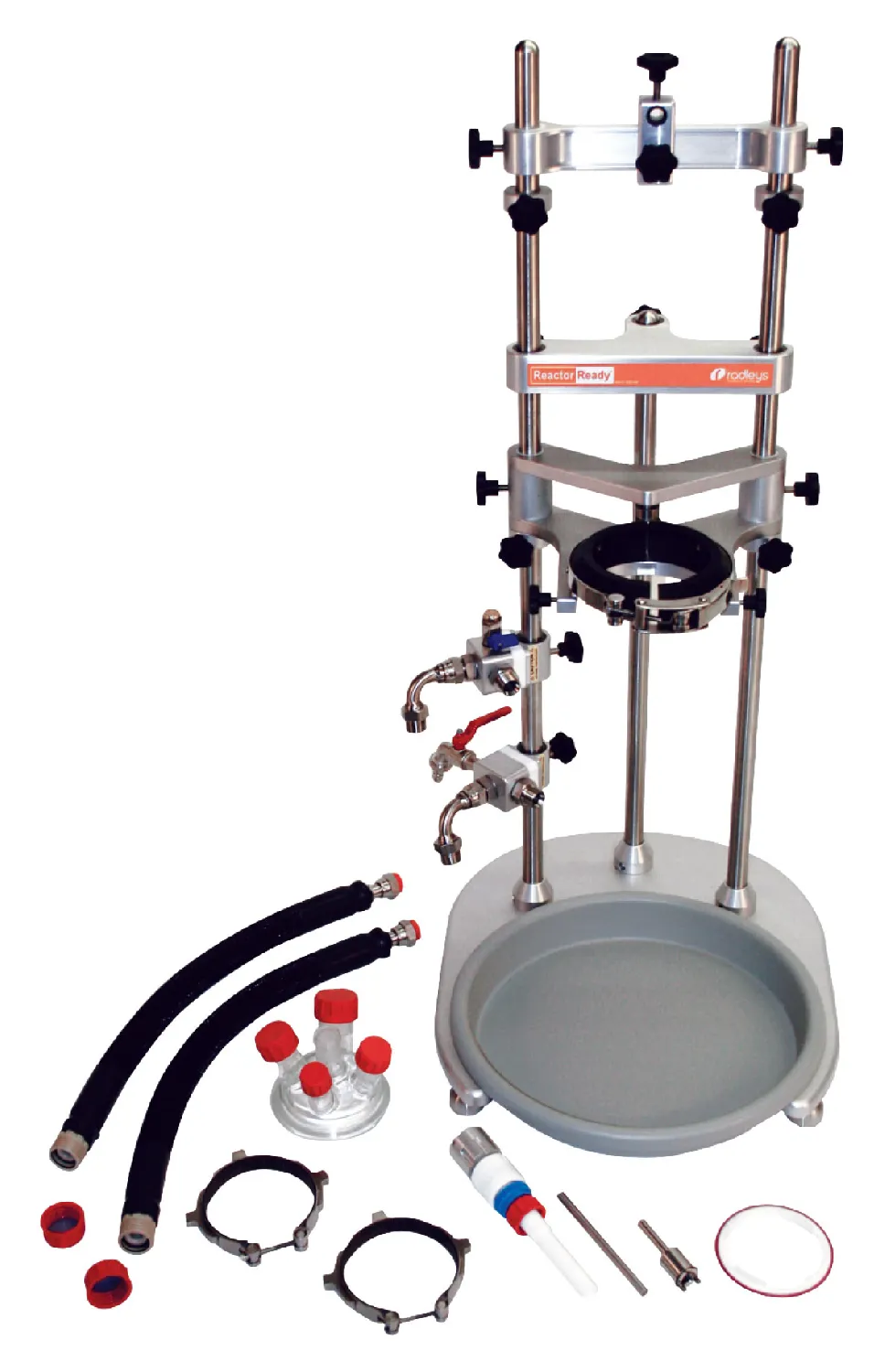 Sistema Reactor-Ready Core. RADLEYS. Incluye: Soporte con base, bandeja de desagüe, varilla soporte, pinzas y mangueras. Mangueras de conexión desde el reactor al sistema conex. Quick-release. Manifolds superior e inferior para desagüe. Guia de agitación PTFE y conexión. Tapa del reactor de vidrio. Junta para el reactor de FEP y sello central de PTFE. Dos collares-soporte de ac. inox.