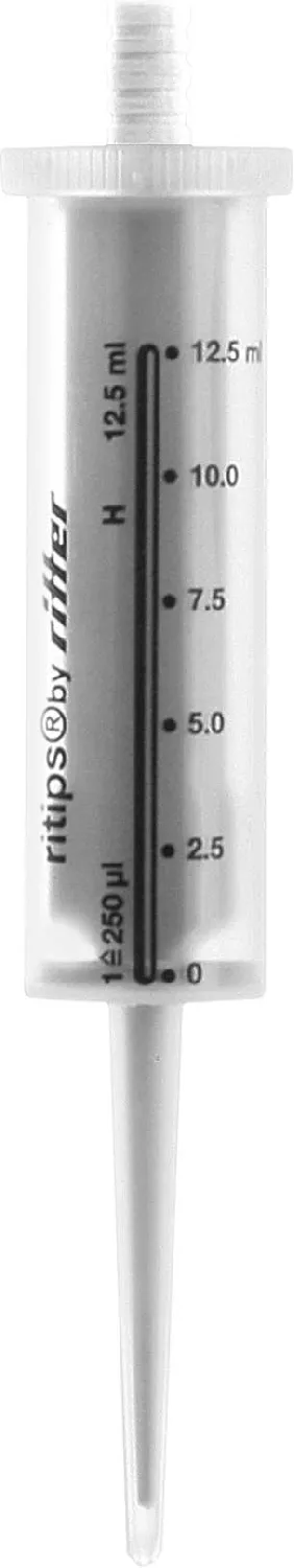 Puntas para pipetas repetidoras Ritips® 12,5 ml. &#x0D;Compatible con Ripette, Ripette Pro, Multipette 4780, eLine™-Dispenser, Minilab 100, Minilab 101, Minilab 201, Distriman®, Repetman®, StepMate, EasyStep, EasyStep electronic, RepeatOne®, Handrop