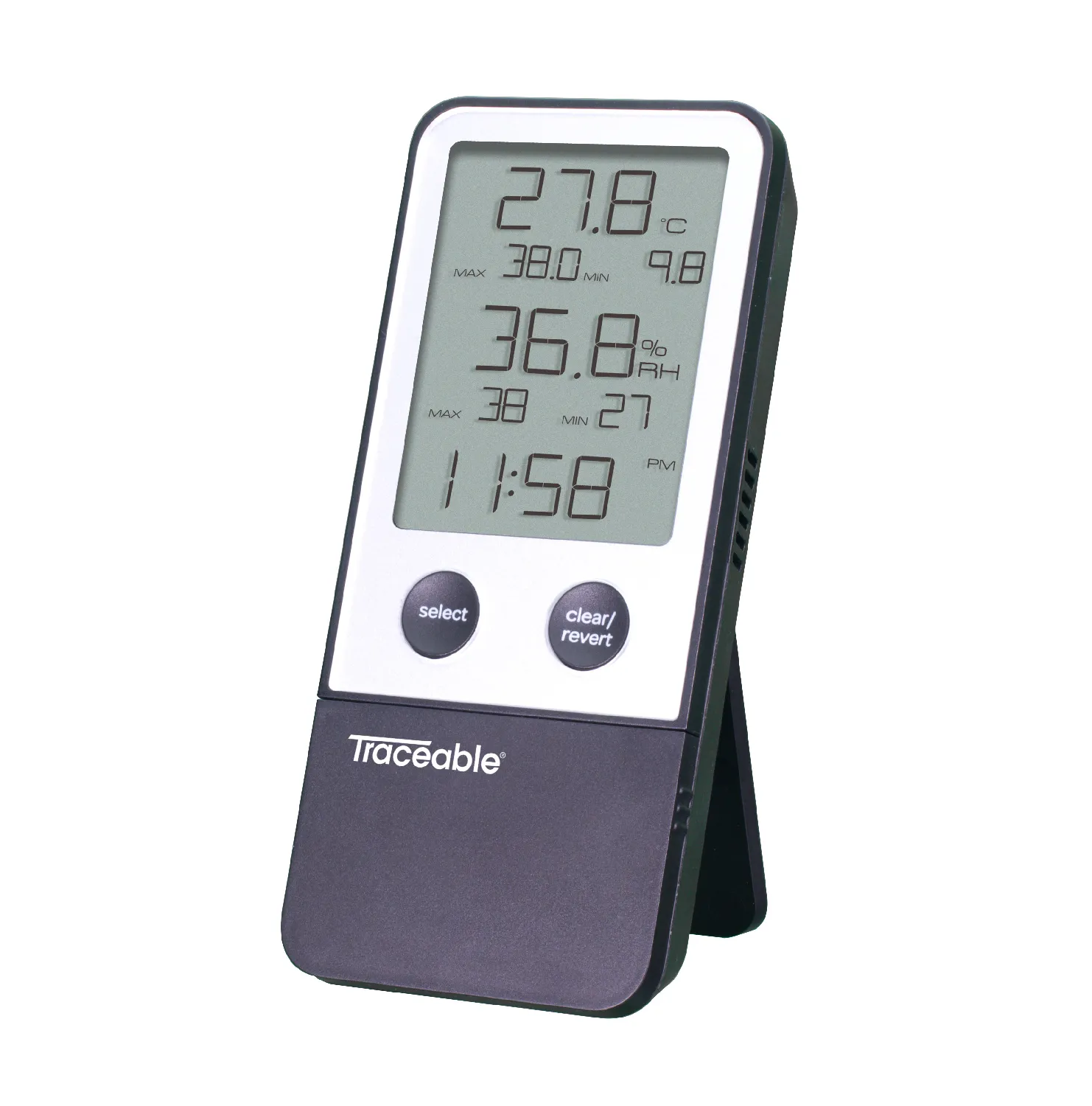 Termo-higrómetro con reloj. TRACEABLE. Rango de temperatura (ºC): 0,0 - 50,0. Resolución (°C): 0,1. Precisión (ºC): ±1. Rango humedad relativa (%): 20 -90. Resolución (%): 1. Precisión (%): ±5 (rango medio), 8 (resto). Dimensiones An x Al x Pr (mm): 5,7x1,3x10,8.Volumen de suministro: Higrómetro, cinta de velcro, pilas AAA, imán recordatorio de recalibración, guía de inicio rápido y certificado Traceable