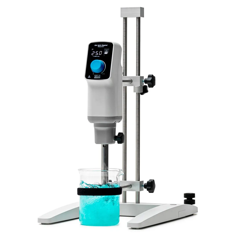 Sistema dispersor digital OV 625. VELP. Velocidad (rpm): 3.000-25.000. Vol. agit. (H2O): 0,2 mL- 2,5 L. Viscosidad (mPa·s): 5.000. Ruido sin elemento (dB): 75. Peso (kg): 6. Dimensiones An x Al x Pr (mm): 92x280x130. Se suministra con un mini H-Stand con doble varilla completo (0A00000383), el útil de dispersión D20-S20C-P-R20S (VA00000478) y el kit de desmontaje de herramientas (VE40003238)