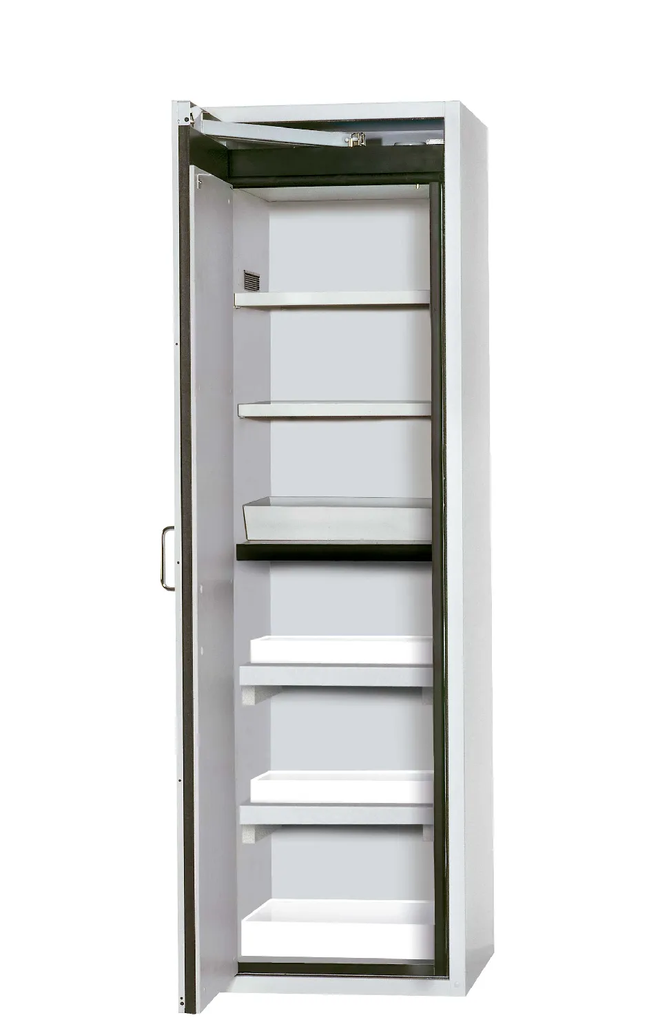 Armario para almacenamiento combinado de productos químicos. ASECOS. Modelo: S90.196.060.MH.WDAS. Construcción armario: Alto, 1 puerta. Color cuerpo: Gris claro. Equipamiento: Cuerpo sin equipamiento interior, con pared medianera horizontal, con puerta apertura izquierda. Carga máx. (kg): 600. Dim. AnxAlxPr (mm): 596x1968x616. Peso (Kg): 260