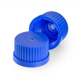 Tapón GL con membrana ventilada de PTFE soldada para la igualación de presiones. DURAN®. Rosca DIN (GL): 32. Tamaño poro (um): 0,2. Diámetro externo (mm): 41. Altura (mm): 24. Material: PP. Color: azul