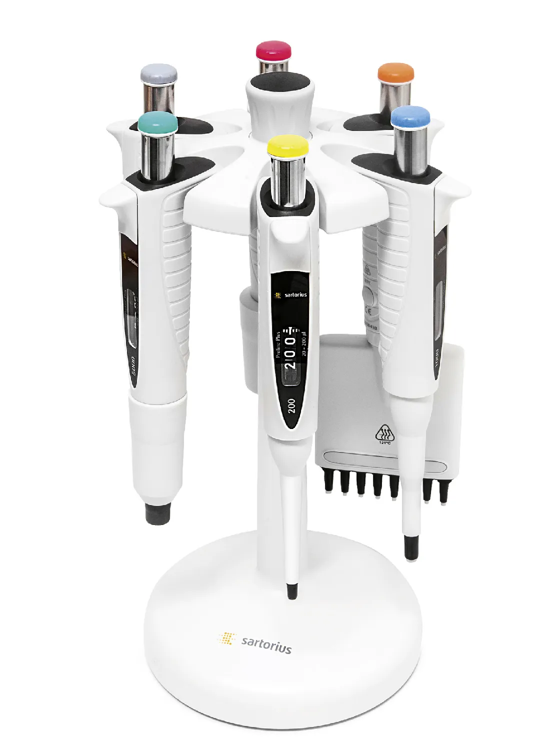 Pipeta automática de volumen variable Proline® Plus 10-100µl. SARTORIUS. Canales: 1. Rango Volume (µl): 10-100. Incremento (µl): 0,10. Test volume (µl): 100/50/10. Inacc. (%): 0,80/1,00/2,00. Impr. (%): 0,15/0,40/1,00