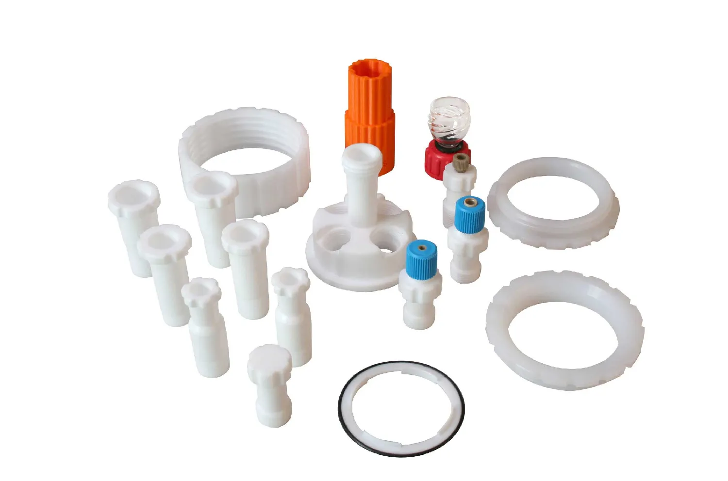 Kit Advanced tapa 5 bocas con rosca de PTFE. RADLEYS.Incluye 1x Tapa de 5 bocas con rosca, 2x Adaptadores hembra B10, 2x Adaptadores hembra B14, 2x Adaptadores hembra B19, 1x Tapón cierre, 1x Adaptador sonda 3,5mm, 1x Conector compresión 6mm paso, 1x Conector compresión 1/8' Ø ext. +1x Herramienta para conectores. 