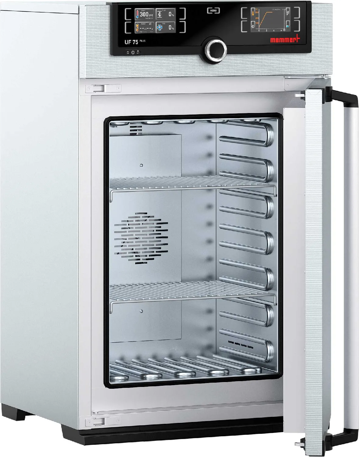 Horno universal UF75plus, circulación de aire forzado, TwinDISPLAY, 74 l, 20 ° C - 300 ° C con 2 rejillas. MEMMERT.