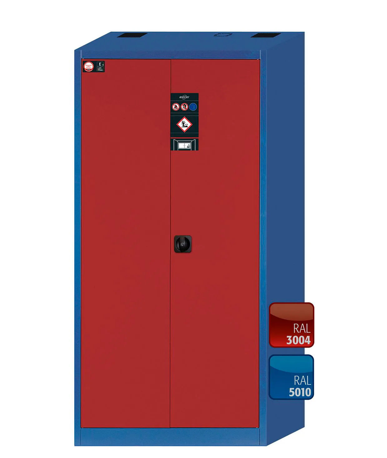 Armario ecológico. ASECOS. Modelo: EM.195.095.F. Color cuerpo/puerta: Azul genciana/ Rojo púrpura. Equipamiento: Equipamiento interior con 4 x bandeja y un cofre de seguridad. Carga máx. (kg): 300. Dim. AnxAlxPr (mm): 950 x1950x500. Peso (Kg): 134