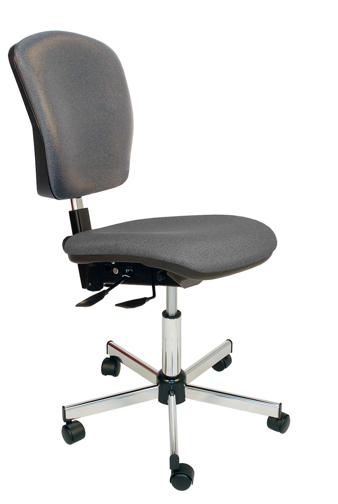 Silla vinilo ancho asincrona con pie de acero inoxidable. Patas: Ruedas. Asiento ajustable: Sí, en altura e inclinación. Reposapiés: No. Altura asiento (mm): 450-580. Color: Gris. Sala blanca: No. KANGO. Gama estándar. Sillas y taburetes de laboratorio ergonómicos 