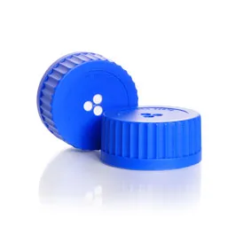 Tapón GL con membrana ventilada de PTFE soldada para la igualación de presiones. DURAN®. Rosca DIN (GL): 80. Tamaño poro (um): 0,2. Diámetro externo (mm): 87. Altura (mm): 40. Material: PP. Color: azul