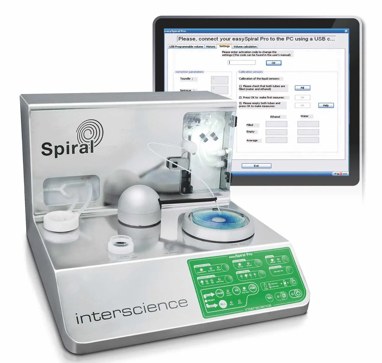 Sembrador automático EasySpiral®Pro. INTERSCIENCE. Ø placa petri (mm): 90 hasta 150. Volumen de sembrado (µl): 50, 100 y 200. Detección CFU/ml: De 30 hasta 1 x 107 CFU/ml. Dim. AnxAlxPr (cm): 38x41x29