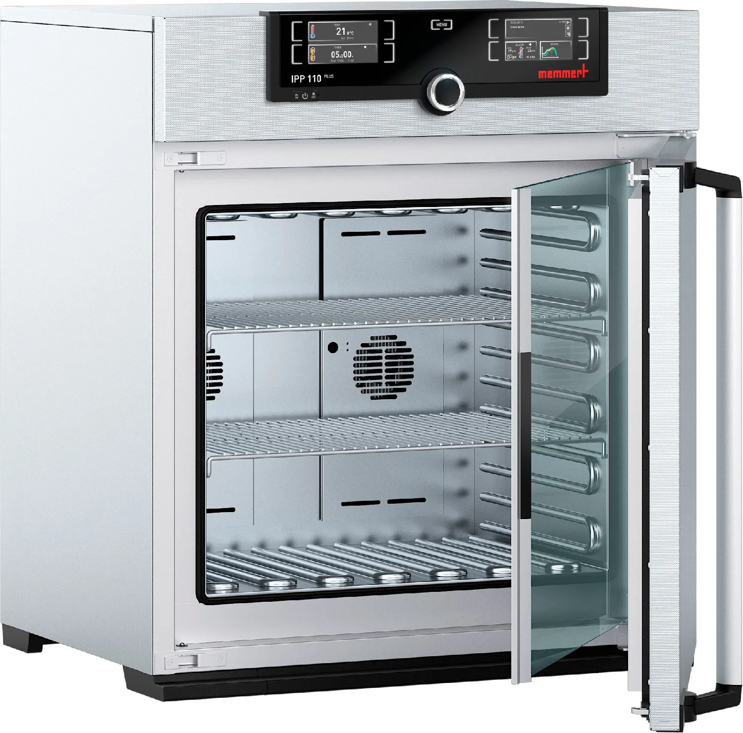 Incubador refrigerado por Peltier IPP110eco. MEMMERT. Vol. (l): 108. Dim. int. AnxAlxPr (mm): 560x480x400. Dim. ext. AnxAlxPr (mm): 745x864x555 (Pr. +56 mm de la manilla de la puerta). Equipamiento: 2 rejillas de acero inoxidable, electropulidas. Rango Temp. (ºC): 0 (mín. 20 por debajo de la temperatura ambiente) a +70