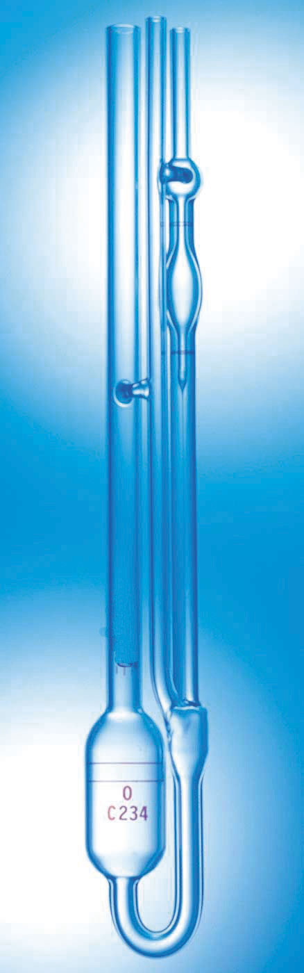 Viscosímetro Ubbelohde. ASTM D445. Con boletín con constantes. Serie nº: 0B. Constante nominal (mm²/s): 0,005. Intervalo en Centistokes (mm²/s): 1 a 5