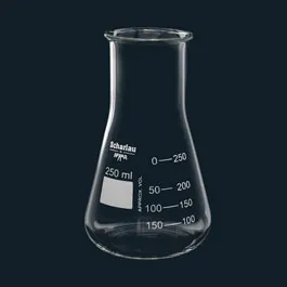 Matraz erlenmeyer boca ancha, retrace code y doble escala graduada. DIN 1773. SCHARLAU. Capacidad (ml): 250. Ø Boca (mm): 50. Altura (mm): 140