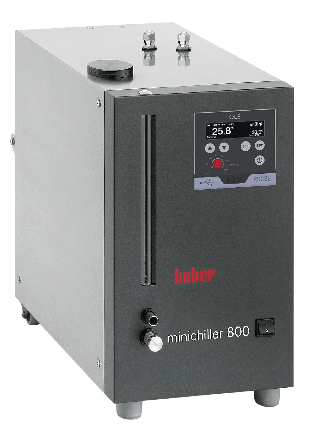 Minichiller 800 OLÉ. HUBER. Rango temperatura (ºC): -20 a 40. Estabilidad temperatura (ºC): ±0,5. Potencia frigorífica (kW): 0,8 (15ºC). Caudal (l/min) - Presión (bar): 24-0,7. Succión (l/min) - bar: 18-0,4. Volumen (l): 2,8. Dimensiones An x Al x Pr (mm): 280x424x511