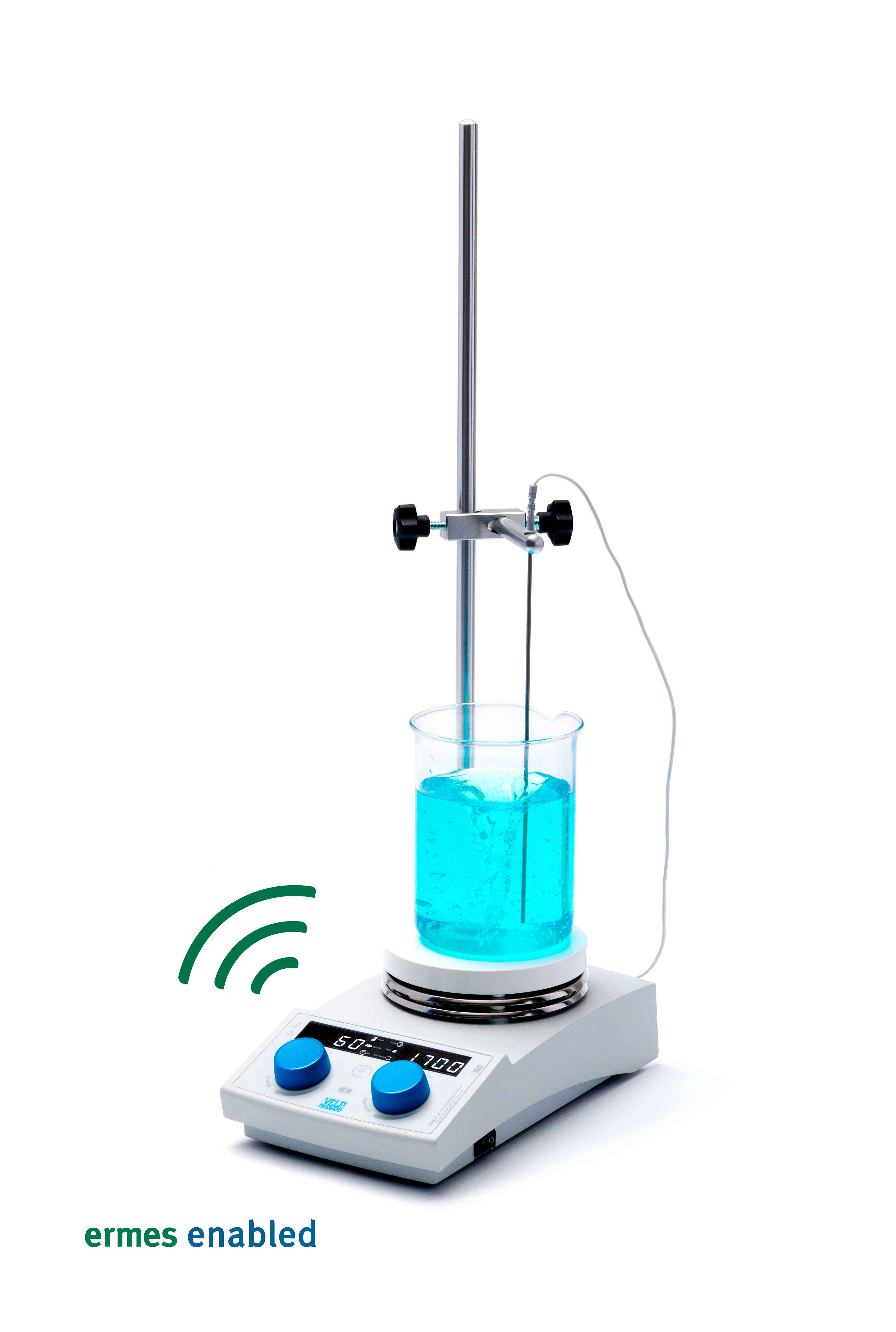 Agitador magnético con calefacción AREX-6 Connect PRO con sonda PT100, soporte y pinza de sujección. VELP. Velocidad (rpm): 30-1700. Vol. agitación (l): Hasta 20. Temp. (ºC): Ambiente - 370. Ø plato (mm): 135. Potencia (W): 630. Peso (Kg): 2,6. Dim. AnxAlxPr (mm): 160x105x280