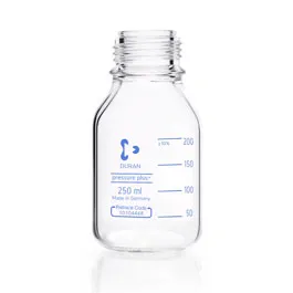 Frasco para laboratorio pressure plus+ con rosca DIN, transparente, graduado y retrace code, sin tapón roscado ni anillo de vertido. DURAN®. Capacidad (mL): 250. Rosca (GL): 45. Diámetro externo (mm): 70. Altura (mm): 138