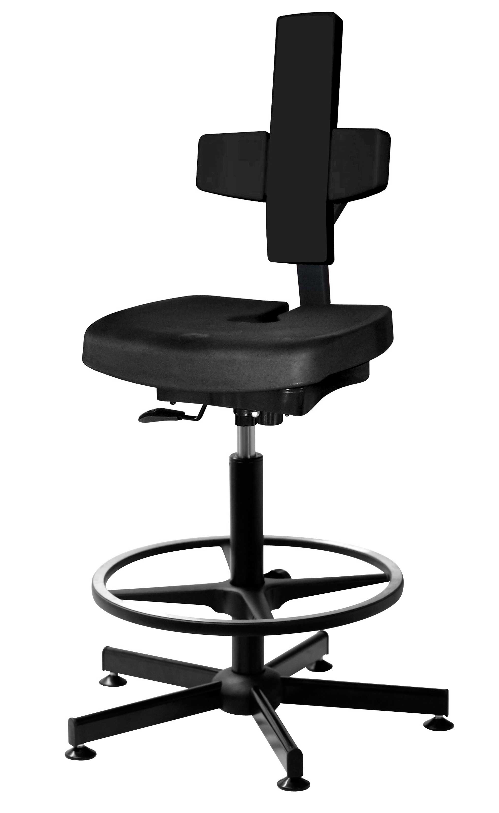 Silla Koncept office con pie de acero negro. Patas: Patines articulados. Asiento ajustable: Sí, en altura y profundidad. Reposapiés: Sí, regulable en altura. Color: Negro. Sala blanca: No. KANGO. Gama Koncept. Sillas y taburetes de laboratorio ergonomicos autoadaptativos