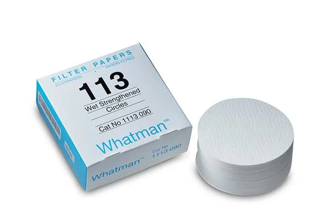 Filtro de papel de celulosa. Whatman™ (Cytiva). Disco plano, calidad Grado 113 Endurecido. Ø (mm): 110. Retención típica (µm): 30