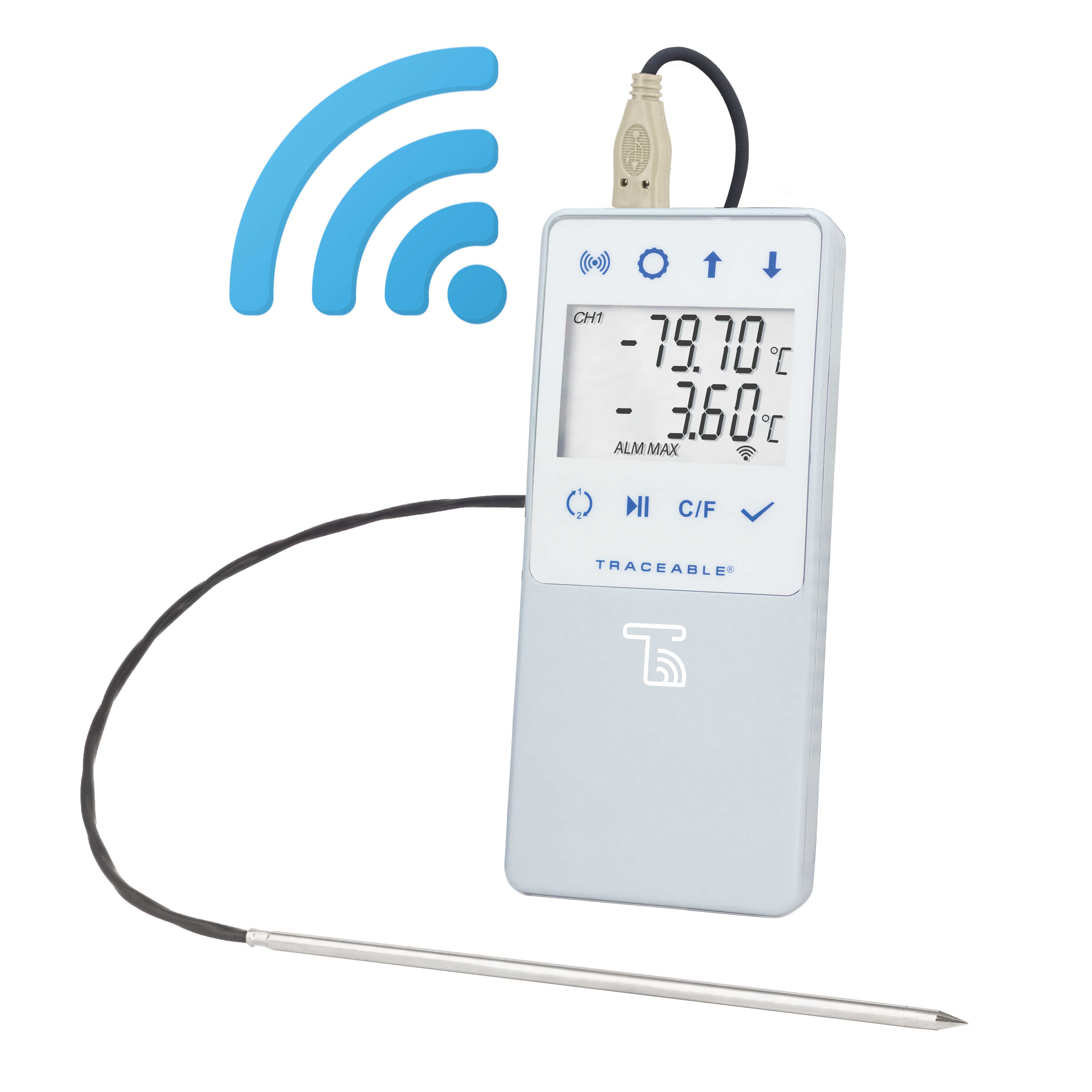 Termómetro digital de registro de datos conectados mediante Wi-Fi TraceableLIVE® con alertas en tiempo real. TRACEABLE. Rango: –90.00 a 105,00°C. Exactitud: ±0,1°C. Resolución: 0,01°C. Sondas: 1 sonda de acero inox. 316 con sensor de platino RTD. Puntos de calibración: –80°C, –40°C, 0°C, 100°C. Aplicación: Ultra-congeladores