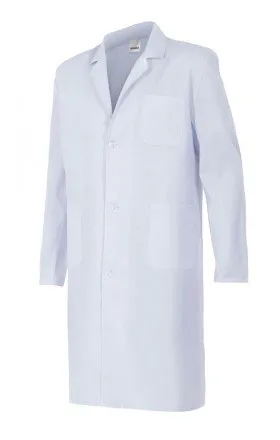 Bata de laboratorio BLANCA caballero. Talla: 46. Bata de manga larga, fabricada en poliéster 65% y algodón 35%.Con 2 bolsillos inferiores y 1 bolsillo superior, con solapa.Cinturón en la espalda y cierre mediante botones