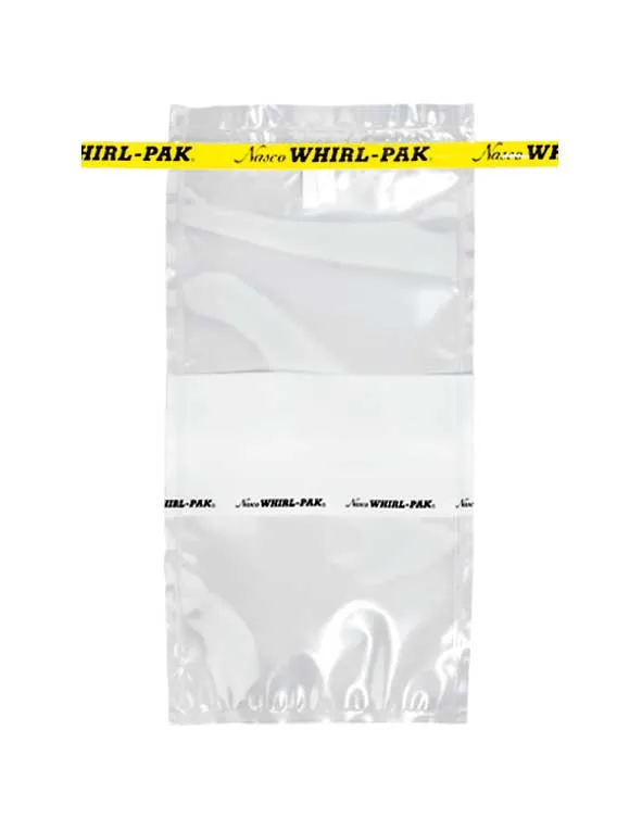 Bolsas estériles para muestreo. WHIRL-PAK®. Descripción: Con zona de escritura en blanco, doble cierre redondo y cinta amarilla. Cap. (ml): 532. Dim. (mm): 115x230. Galga (µm): 63