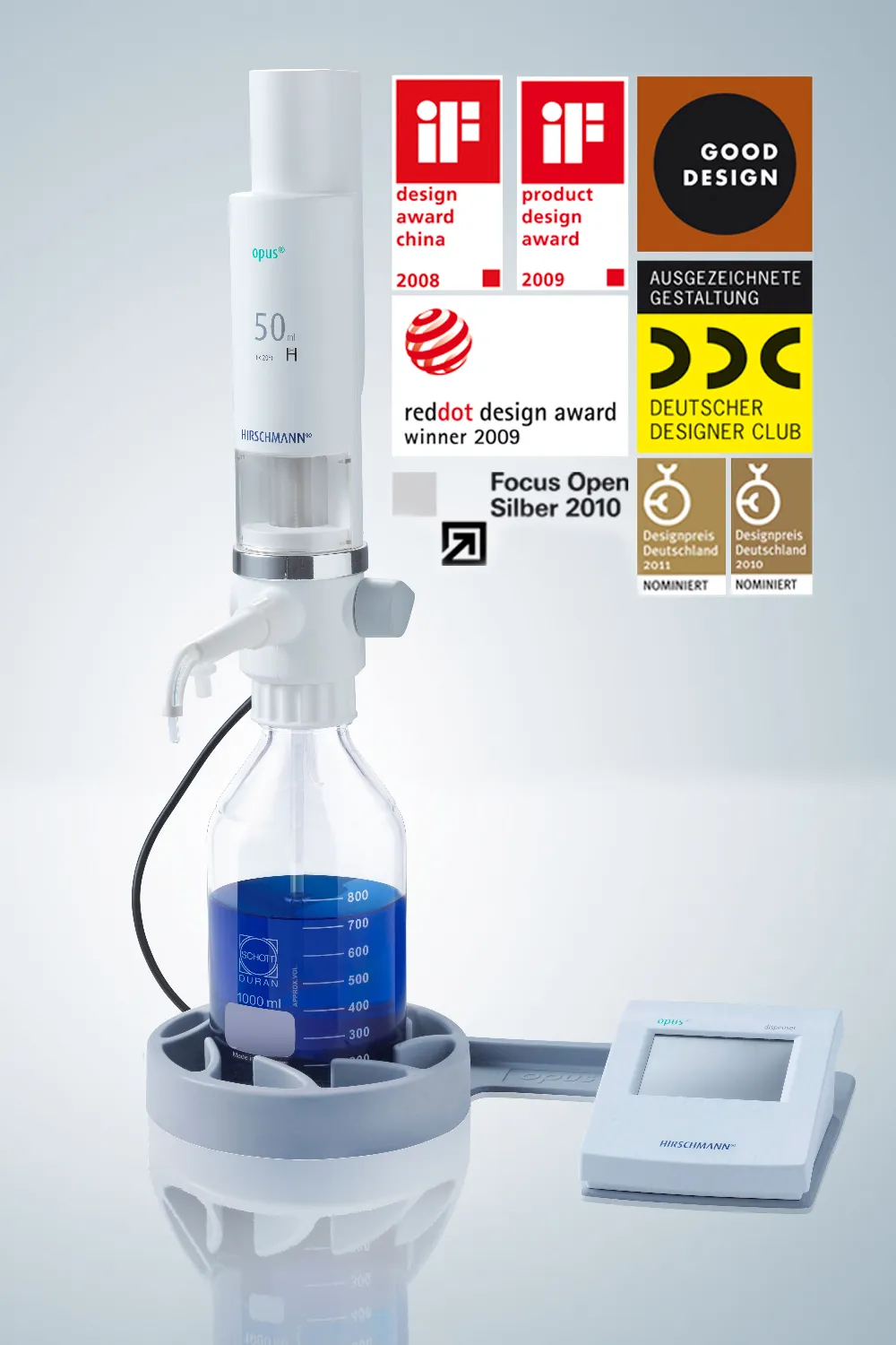 Bureta digital Opus® titration. HIRSCHMANN. Opus® titration 20ml. Inexactitud R (%): 0,2. Reproducibilidad CV (%): 0,07