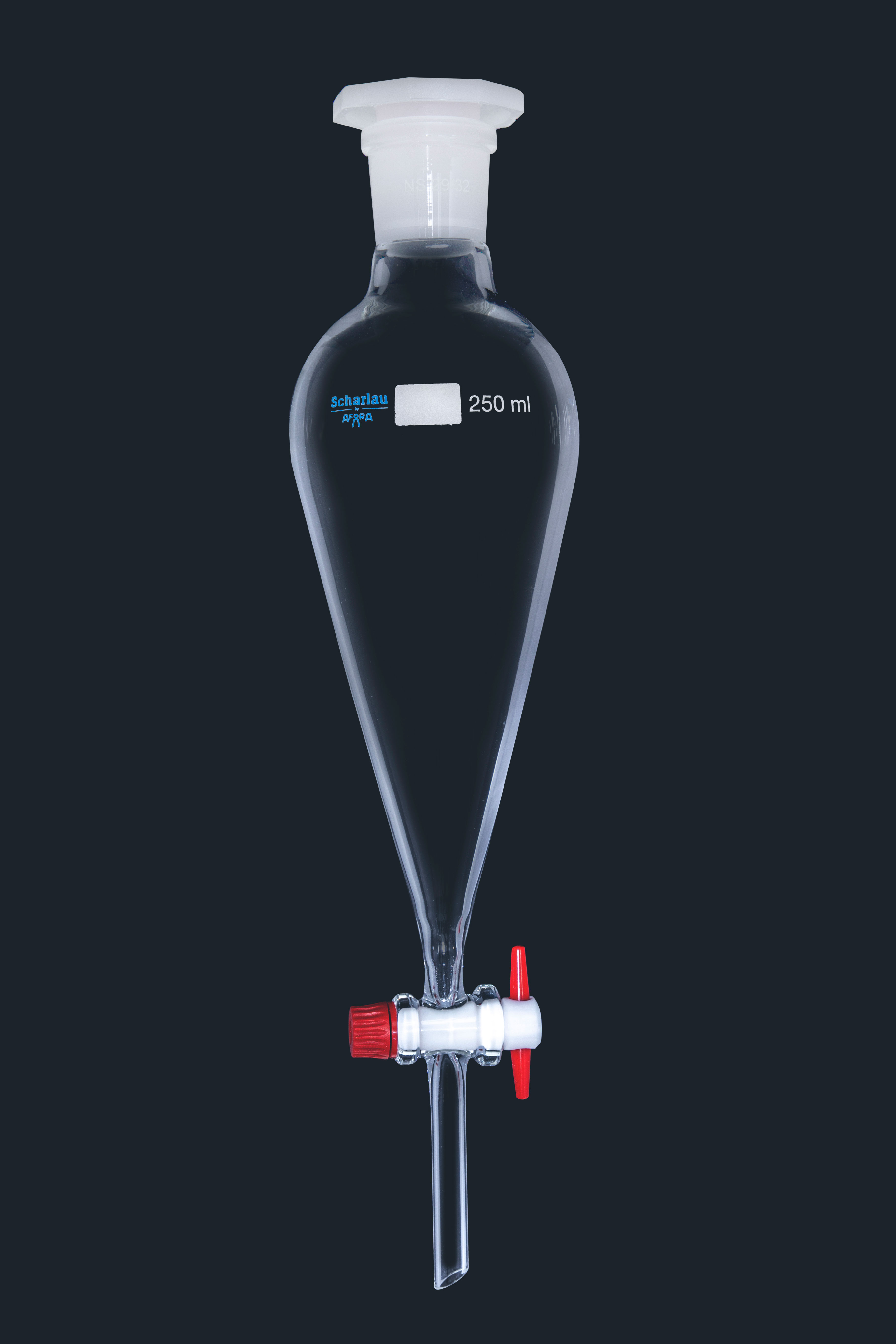 Embudo de decantación, llave cónica PTFE, con tapón. SCHARLAU. Cap. (ml): 1.000. Hembra: 29/32