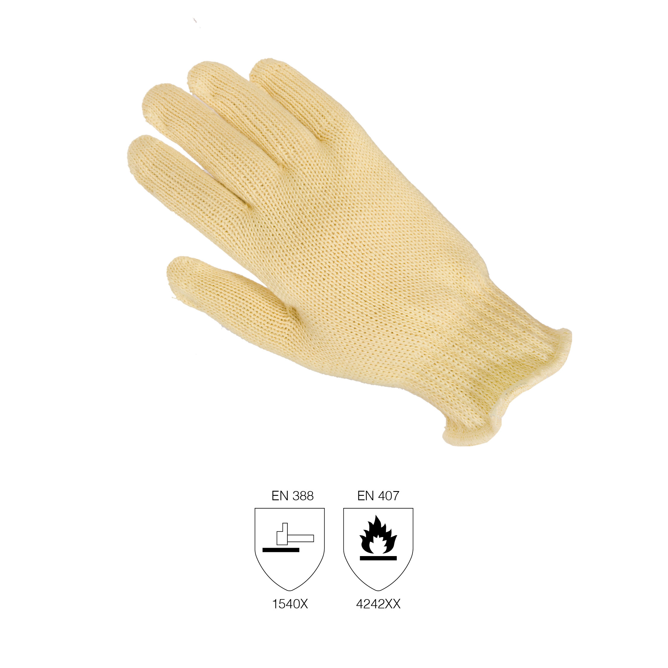 Guante de punto Kevlar sin costuras con forro de algodón. Ideal para trabajos donde se necesita protección al corte y calor de contacto (temp &gt;250ºC) Cumple con la norma EN 388 y EN 407. Liso. Color amarillo. grueso 1,8 mm. largo 26 cms.. Talla 10 (única).