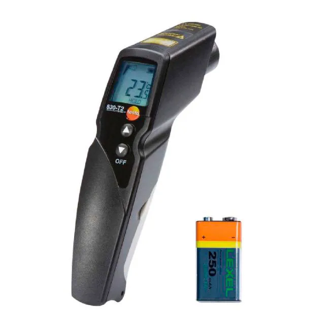 Termómetro TESTO 830-T. TESTO. Infrarrojos con señalización de la marca de medición por puntero láser de dos haces, valores límite ajustables, función de alarma, conexión para sondas externas, incl. pilas y protocolo de calibración.