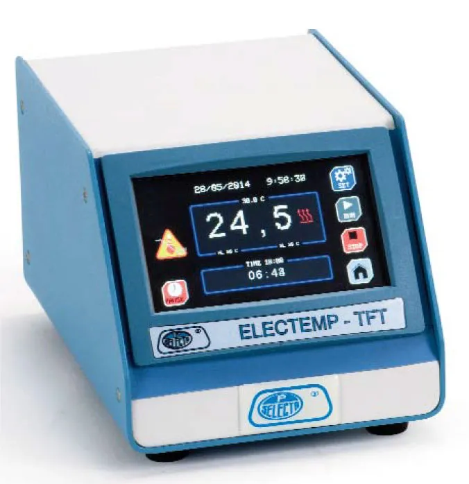 Regulador temperatura'Electemp-TFT'. J.P.SELECTA. Rango de temperatura: -150 °C hasta 1300 °C. Estabilidad: ±0,1 °C.Resolución: ±0,1 °C Pt 100 / ±1 °C sonda tipo K. Alto / Ancho / Fondo:10,5 x13,5 x21cm Carga máx.  W (a 230 V): 3100. Kg: 1,25