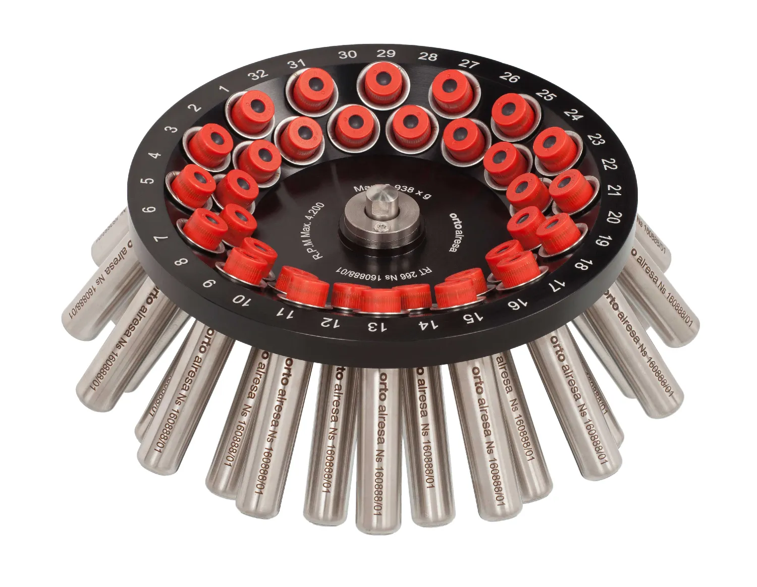 Rotor RT256 para centrífuga Unicen 21. ORTOALRESA. Tipo de rotor: Angular 35º. Capacidad: 32x15 ml cónicos. RPM: 4.200. Radio (mm): 149/130. Factorxg: 2.938