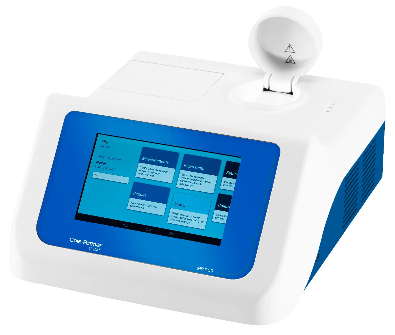 Punto de fusión automático MP-800D. COLE-PARMER STUART. Nº muestras: 3 simultáneamente. Rango temp. (ºC): Ambiente a 400. Resolución (°C): 0,1. Rampas: 0,1-20°C en incrementos de 0,1°C . Tiempo enfr. 350-50ºC: ~12 min. Tiempo calen. 50-350ºC: ~6 min. Cantidad muestra: 2-3mm en capilares de 50mm o 100mm de longitud