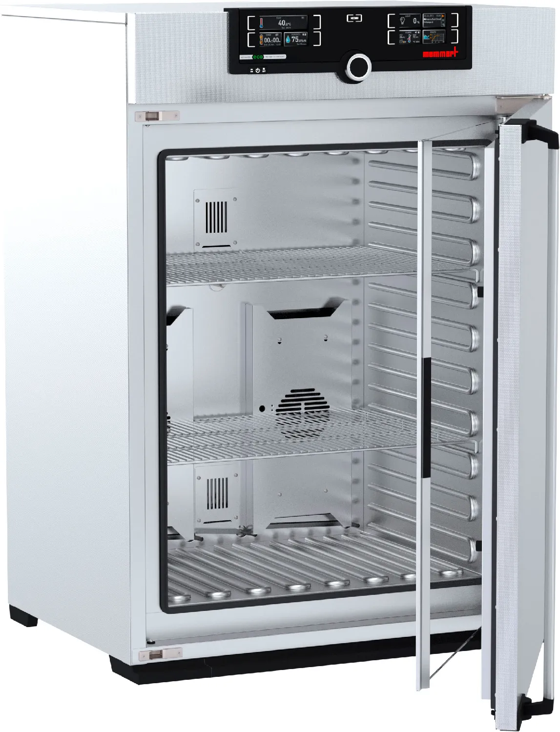 Incubador refrigerado por Peltier IPP260ecoplus. MEMMERT. Vol. (l): 256. Dim. int. AnxAlxPr (mm): 640x800x500. Dim. ext. AnxAlxPr (mm): 824x1.183x655 (Pr. +56 mm de la manilla de la puerta). Equipamiento: 2 rejillas de acero inoxidable, electropulidas. Rango Temp. (ºC): 0 (mín. 20 debajo temperatura ambiente) a +70