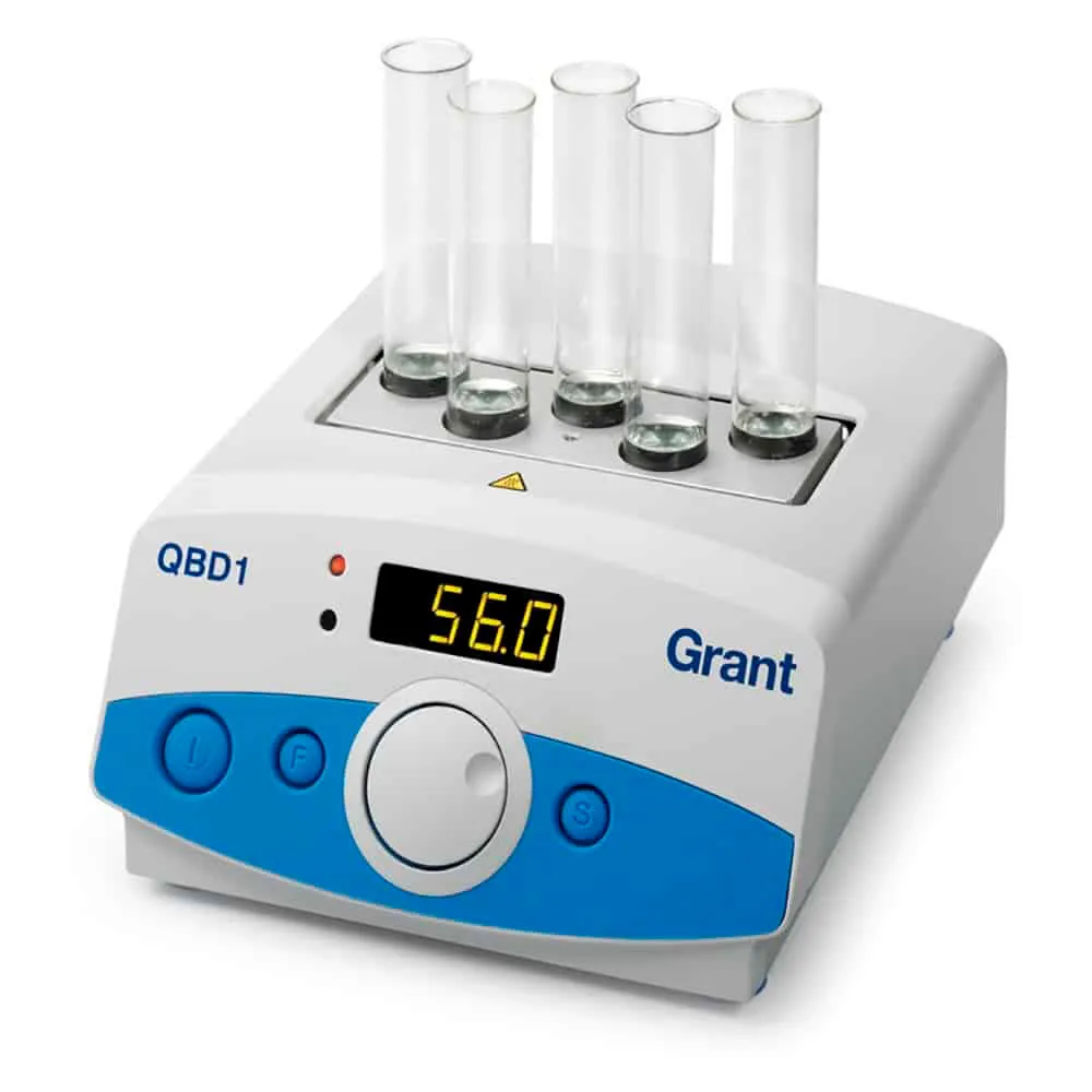 Bloque térmico QBD1. GRANT. Nº bloques: 1. Rango temp. (ºC): Ambiente +5 a 130. Estabilidad a 37 ºC (ºC): ± 0,1. Potencia cal. (W): 150. Dim. AnxAlxPr (mm): 200x120x240. Peso (Kg): 2,2