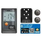 Data logger de temperatura Testo 174 T  BT con conectividad a App por  Bluetooth. TESTO.  Rango de medida:  -30 a +70 °C. Resolución: 0,1 °C. Exactitud: ±0,5 °C. Incluye soporte de pared, pilas (2 x CR2032 litio) e informe de comprobación