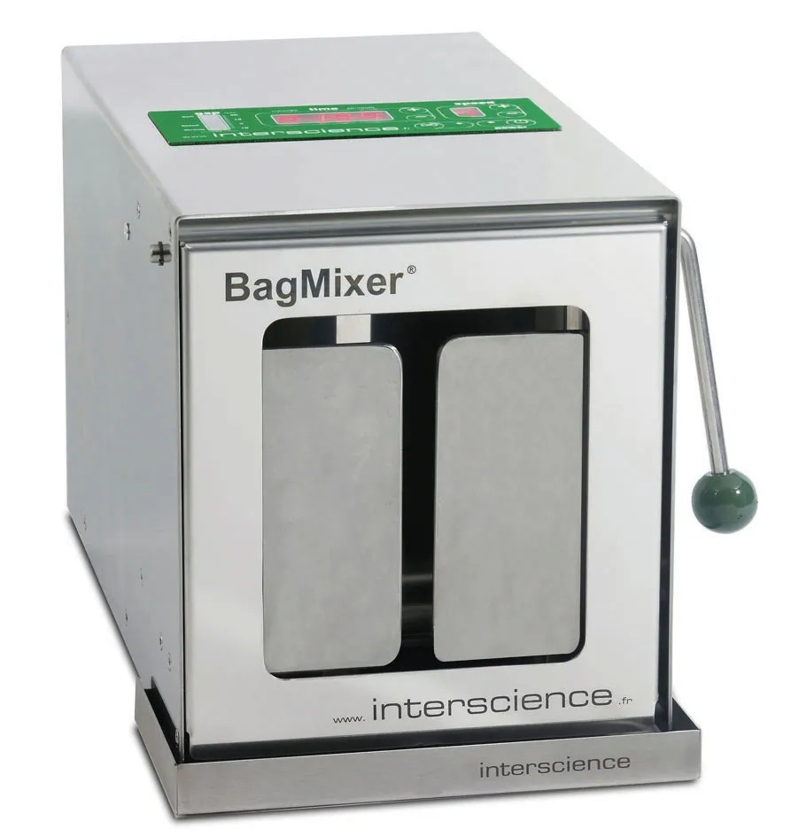 Homogeneizador. INTERSCIENCE. Modelo: BagMixer® 400 CC® Click &amp; Clean. Capacidad útil: 50-400ml. Vol. muestra: Hasta 40g. Velocidad: 4-10 golpes/seg. Puerta: Cristal. Dim. AlxAnxPr (cm): 42x26x26,5