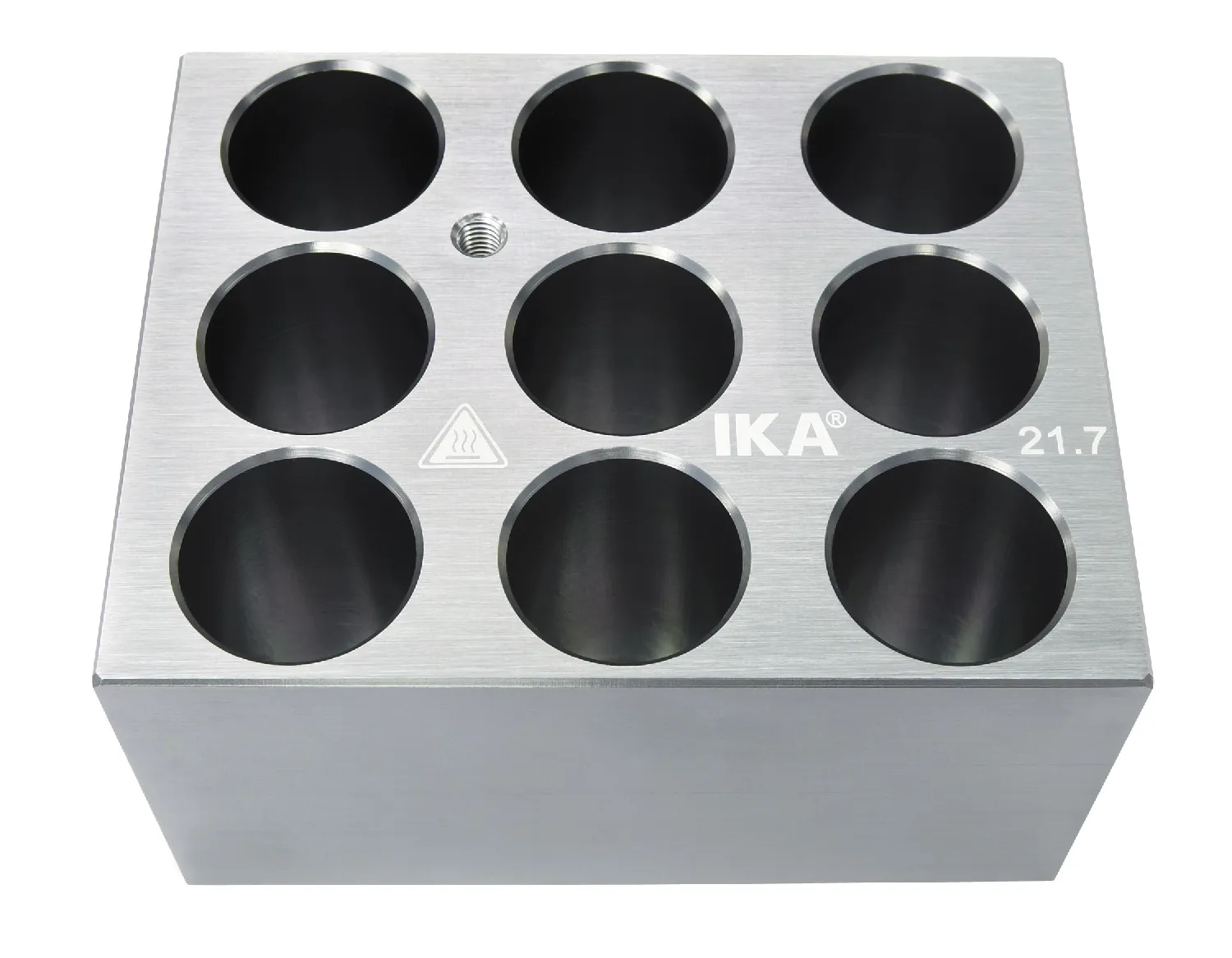 Bloque térmicos IKA. IKA®. Accesorio. (Dimensiones AnxAlxPr = 95x51x76mm). Tipo: Bloque único. Tamaño poros (mm): ø 21,7. Para: Viales 21mm. Nº orificios: 9. Profundidad (mm): 45