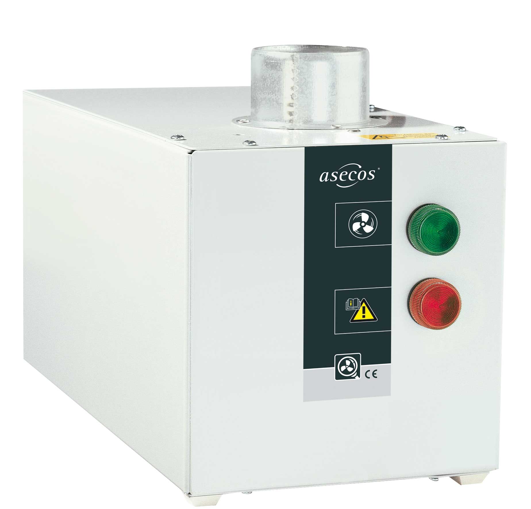 Extraction unit with exhaust air monitoring includes potential-free alarm contact. ASECOS. Ventilation/extraction of cabinets for chemical products. Speed (rpm): 2400. Sound level (dB): 35. Dim. HxWxD (mm): 200x200x400. Weight (Kg): 11