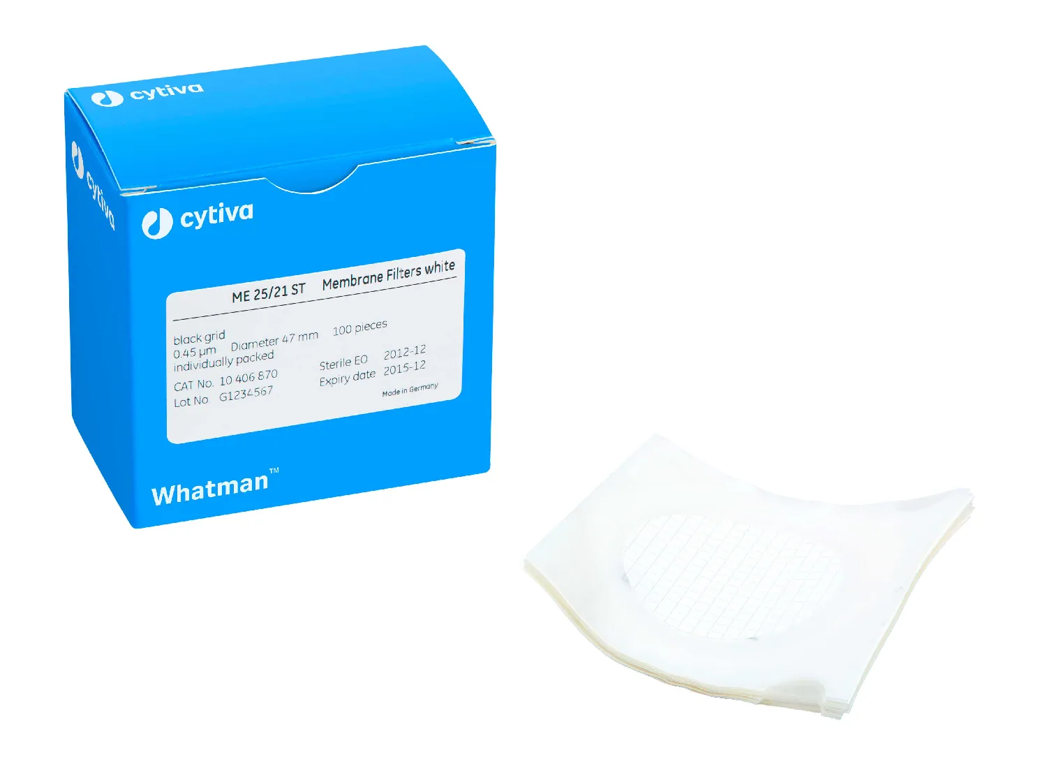 Membrana de filtración estériles mezcla de ésteres de celulosa ME. Whatman™ (Cytiva). Material: Me 25/21 STL. Ø (mm): 47. Tamaño poro (µm): 0,45. Estéril: Sí. Cuadrícula: Negra. Color: Blanca