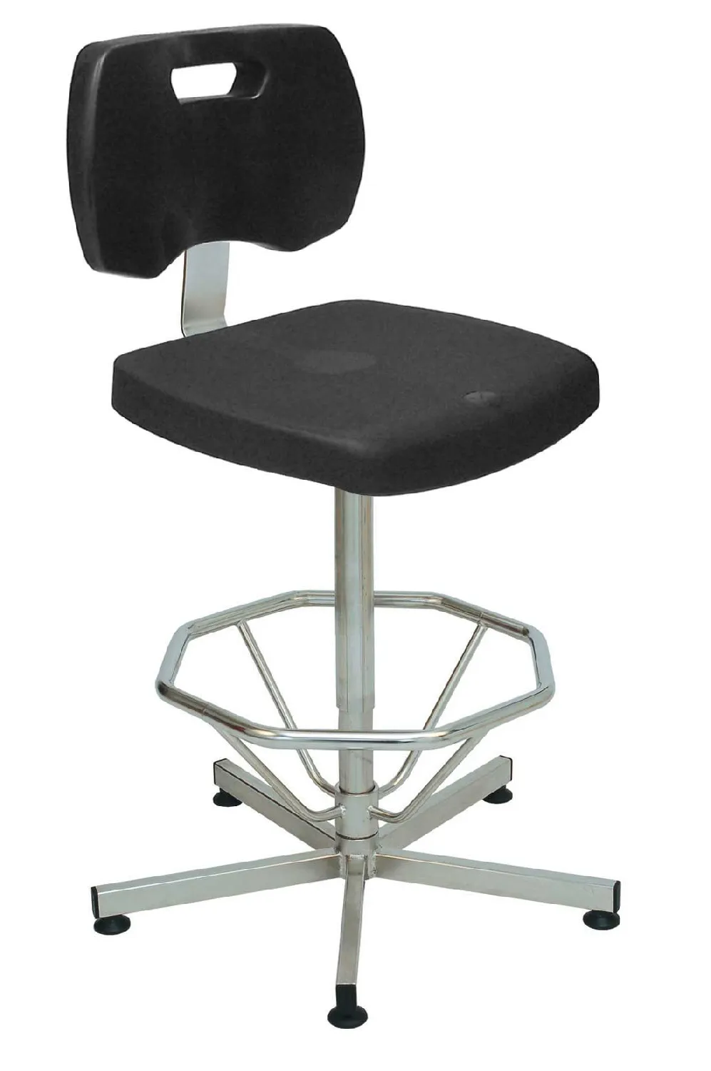 Silla antiestática con asiento regulable y pie de acero inoxidable. Patas: Patines antiestáticos. Asiento ajustable: Sí, en altura. Reposapiés: Sí. Altura asiento (mm): 500-750. Color: Negro. Sala blanca: Sí. KANGO. Gama de sillas antiestáticas certificadas ISO 3 para salas blanca