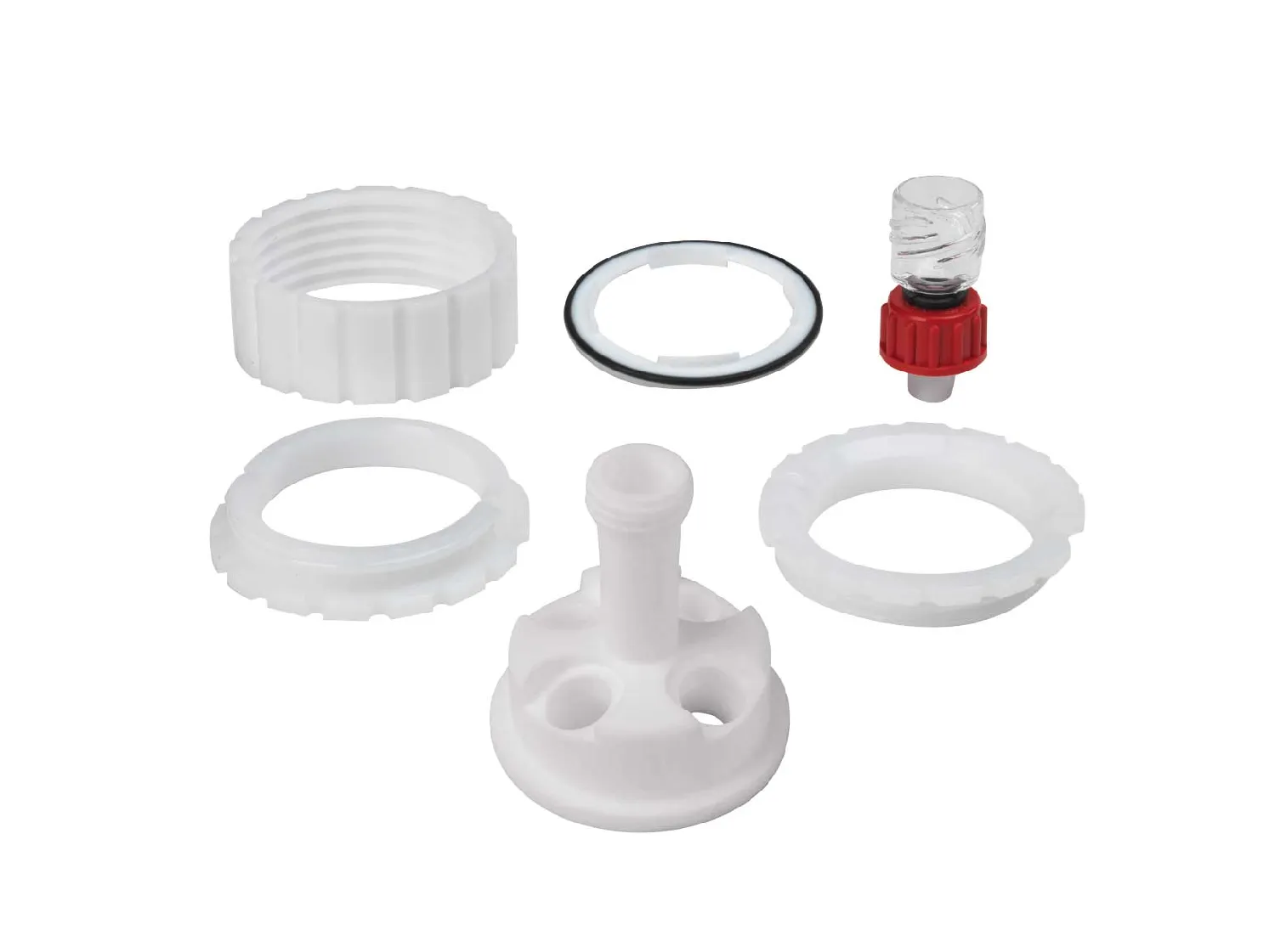 Tapa sin rosca de 5 bocas Mya, cuello central B14, laterales 2xB14/23 y 2xB10/19 de PTFE + set de conexión. RADLEYS. Tapas de PTFE. Estación de reacción Mya 4