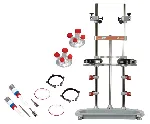 Sistema Reactor-Ready Duo Core. RADLEYS. Incluye: Soporte Duo base, bandeja de desagüe, varillas soporte y pinzas. 2 Guias de agitación PTFE y conexiones. 2 Tapas del recator de vidrio con conexiones Rodaviss. 2 Juntas de FEP para recator y 2 sellos centrales de PTFE. 2 Collares-soporte de acero inox. Reactor-Ready™ Flex