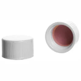 Tapa sin orificio, rosca 8-425 para vial de almacenamiento. Material: Urea blanca, con junta de PTFE