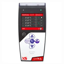 Termómetros de precisión portátiles. XS. Modelo: TEMP 74 VIO. Sonda no incluida. Rango temp. (ºC): -200 a 999,9. Resolución (°C): 0,01 // 0,1 // 1. Precisión (ºC): ± 0,1 (-200,0  to -100,0 °C) // ± 0,03 (-99,99  to 99,99 °C) // ± 0,1 (100 to 999,9 ºC).