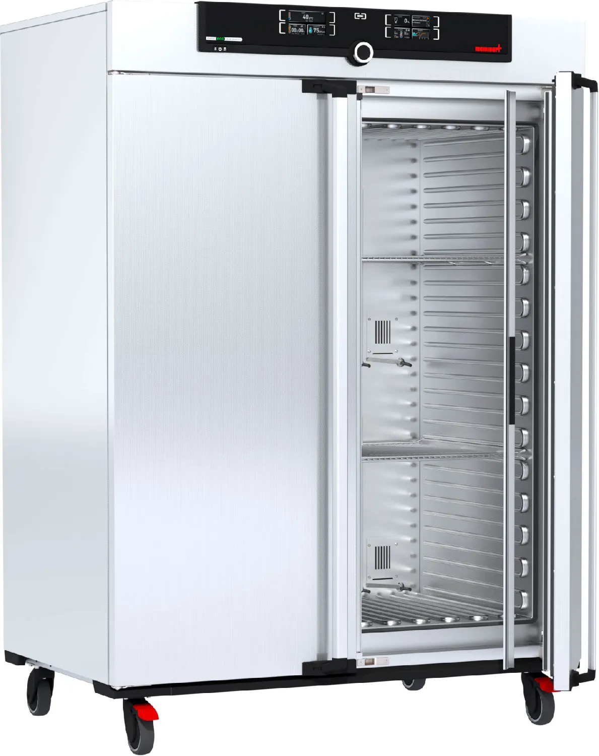 Incubador refrigerado por Peltier IPP750eco. MEMMERT. Vol. (l): 749. Dim. int. AnxAlxPr (mm): 1.040x1.200x600. Dim. ext. AnxAlxPr (mm): 1.224x1.720x755 (Pr. +56 mm de la manilla de la puerta). Equipamiento: 2 rejillas de acero inoxidable, electropulidas. Rango Temp. (ºC): 0 (mín. 20 debajo temperatura ambiente) a +70