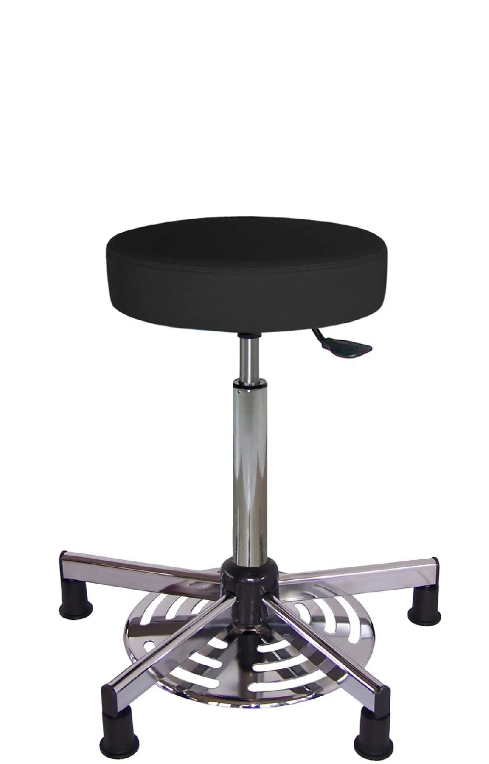 Taburete vinilo confortable con pie de acero inoxidable. Patas: Patines articulados. Asiento ajustable: Sí, en altura por accionamiento al pie. Reposapiés: No. Altura asiento (mm): 600-700. Color: Negro. Sala blanca: No. KANGO. Gama estándar. Sillas y taburetes de laboratorio ergonómicos